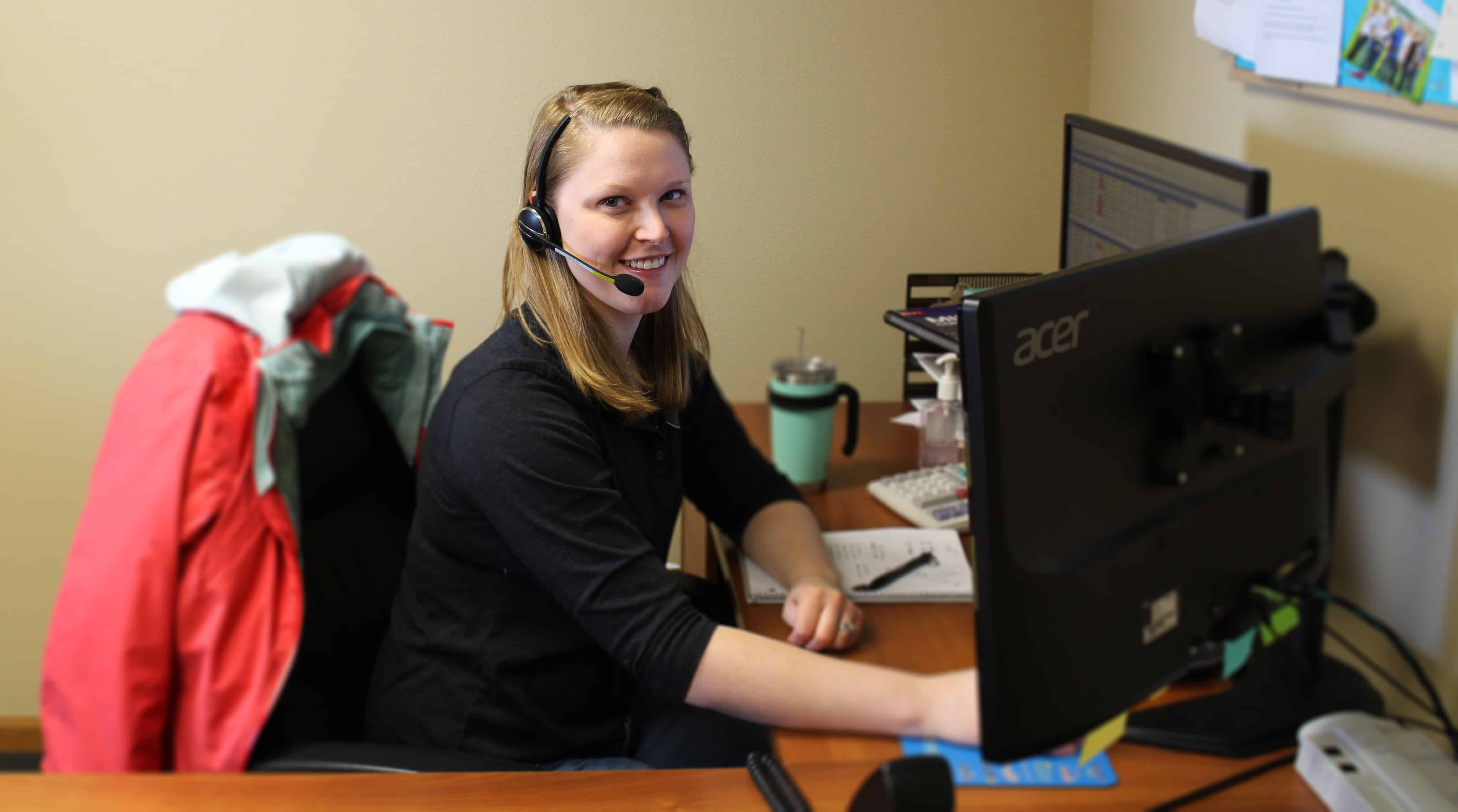 Sarah at Desk, women in agriculture, agriculture, work, farm, grain